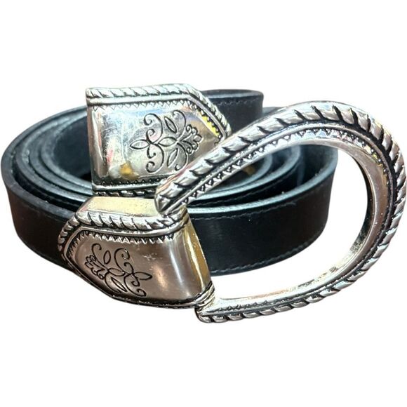 CHICO’S Black Silver Embellished Buckle Leather Belt Accessories Boho Western Ad - Picture 5 of 5